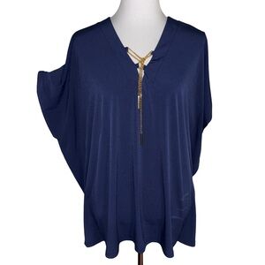 Michael Kors Navy Blue Draped V-Neck Blouse with Gold Chain Detail